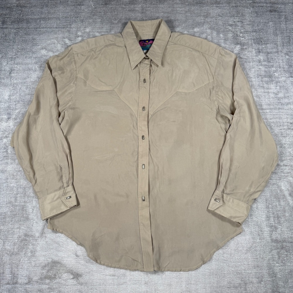 Aurora Western Shirt Mens Medium Tan Vintage 90s Bemberg Rayon Long Sleeve USA